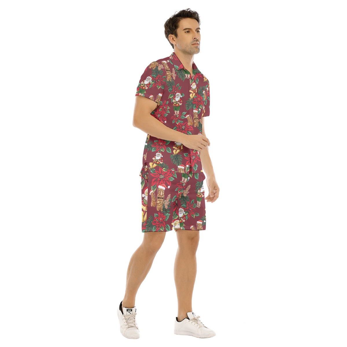 Santa Claus Mix Poinsettia Flowers Hawaiian Shirt And Shorts For Men