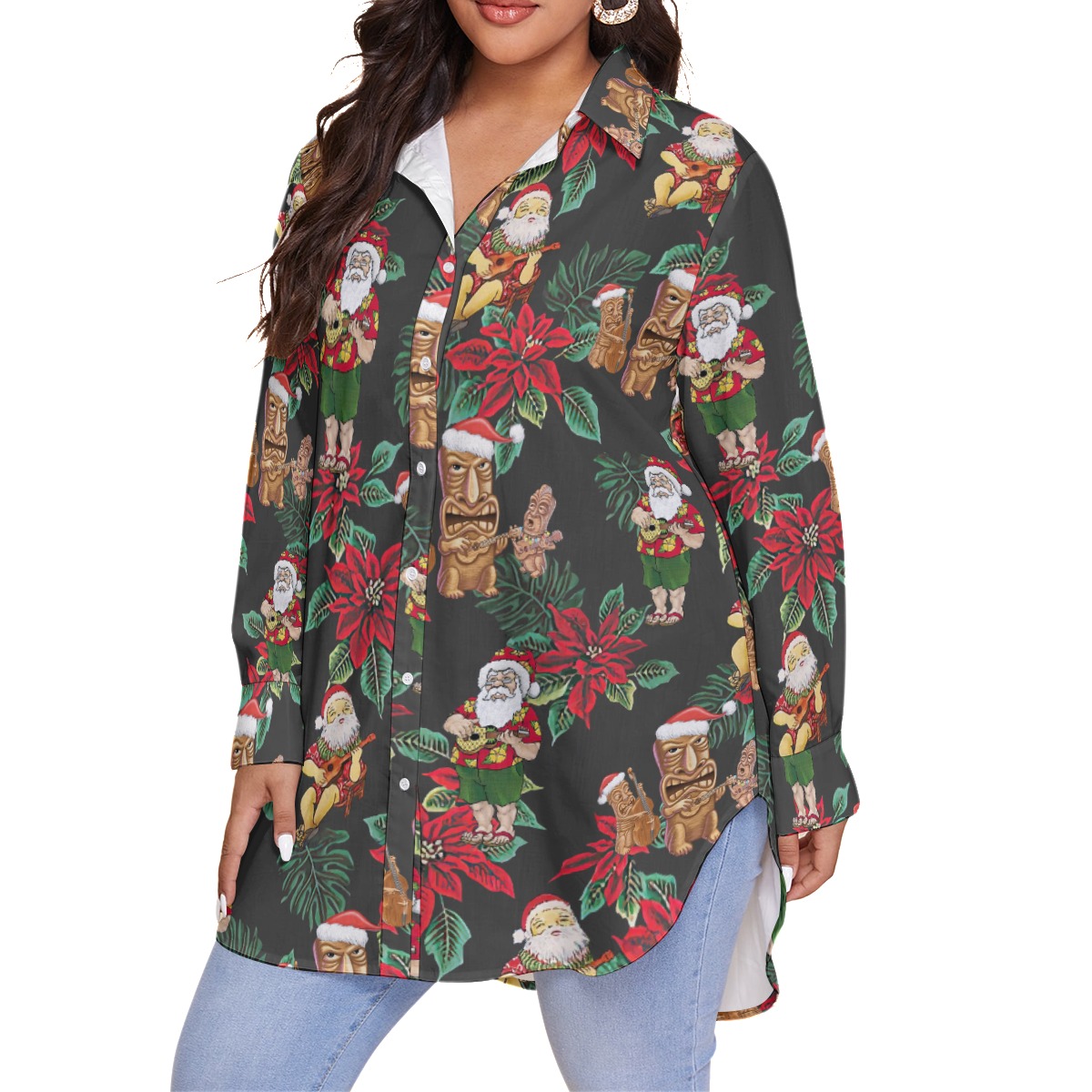 Santa Claus And Tiki Christmas Women's Plus Size Hawaiian Shirt