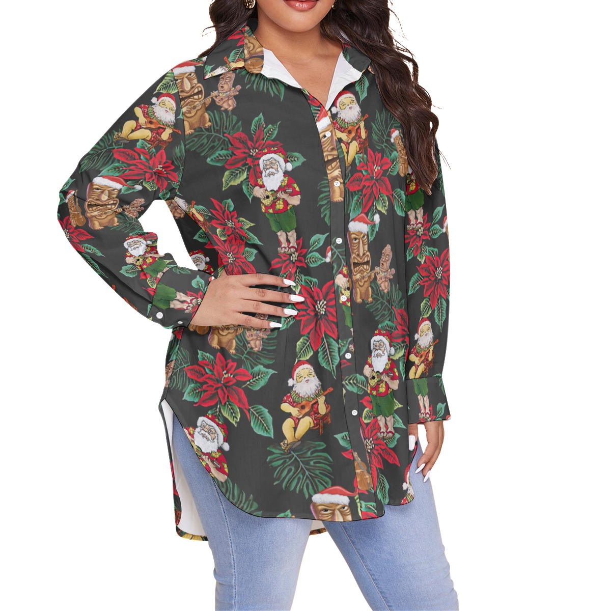 Santa Claus And Tiki Christmas Women's Plus Size Hawaiian Shirt