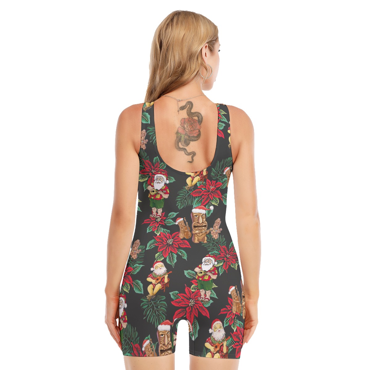 Santa Claus And Tiki Christmas Hawaiian Sleeveless Swimsuit For Women