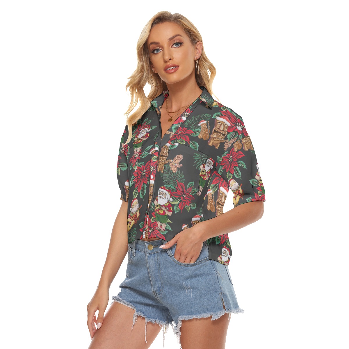 Christmas Tiki And Santa Claus Aloha Crop Top Shirt For Women