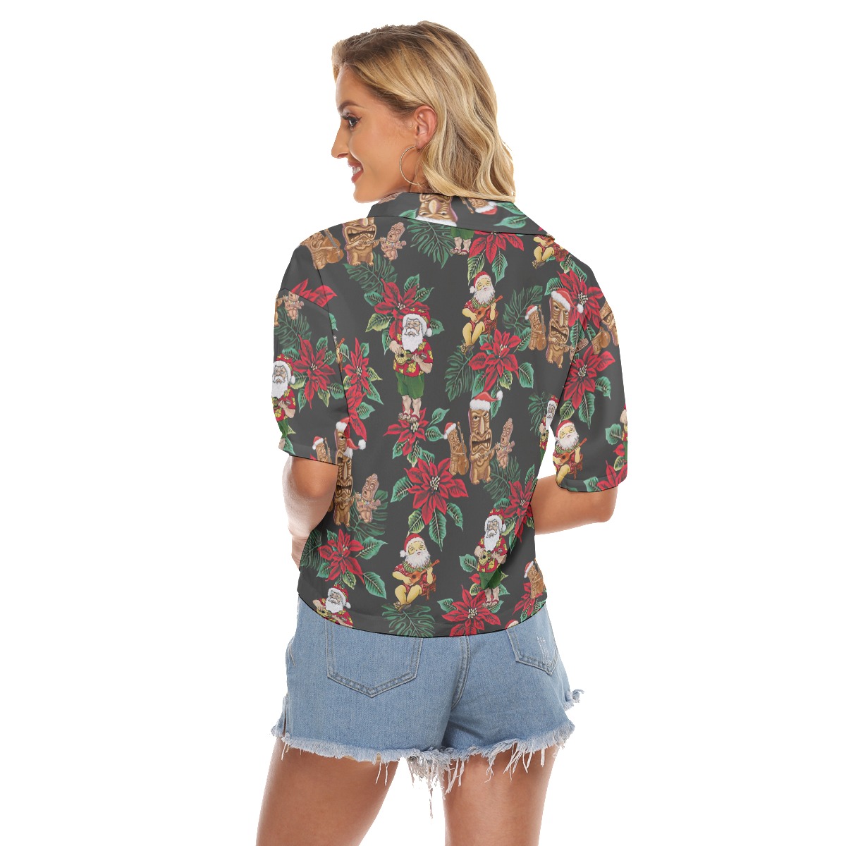Christmas Tiki And Santa Claus Aloha Crop Top Shirt For Women