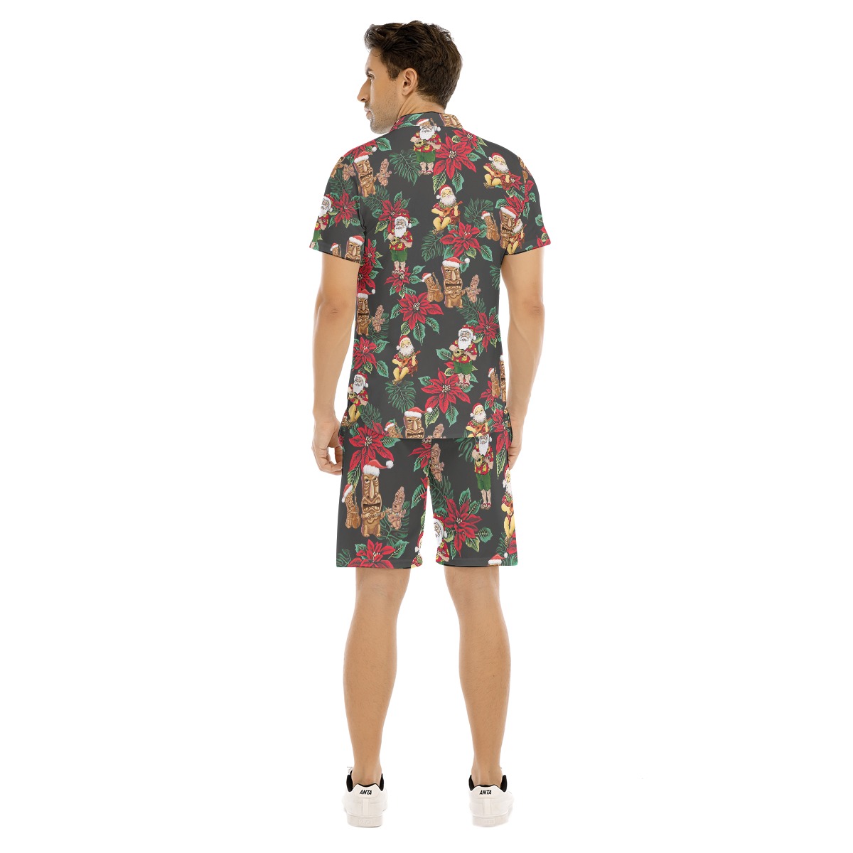 Santa And Tiki Poinsettia Flowers Christmas Hawaiian Shirt And Shorts For Men