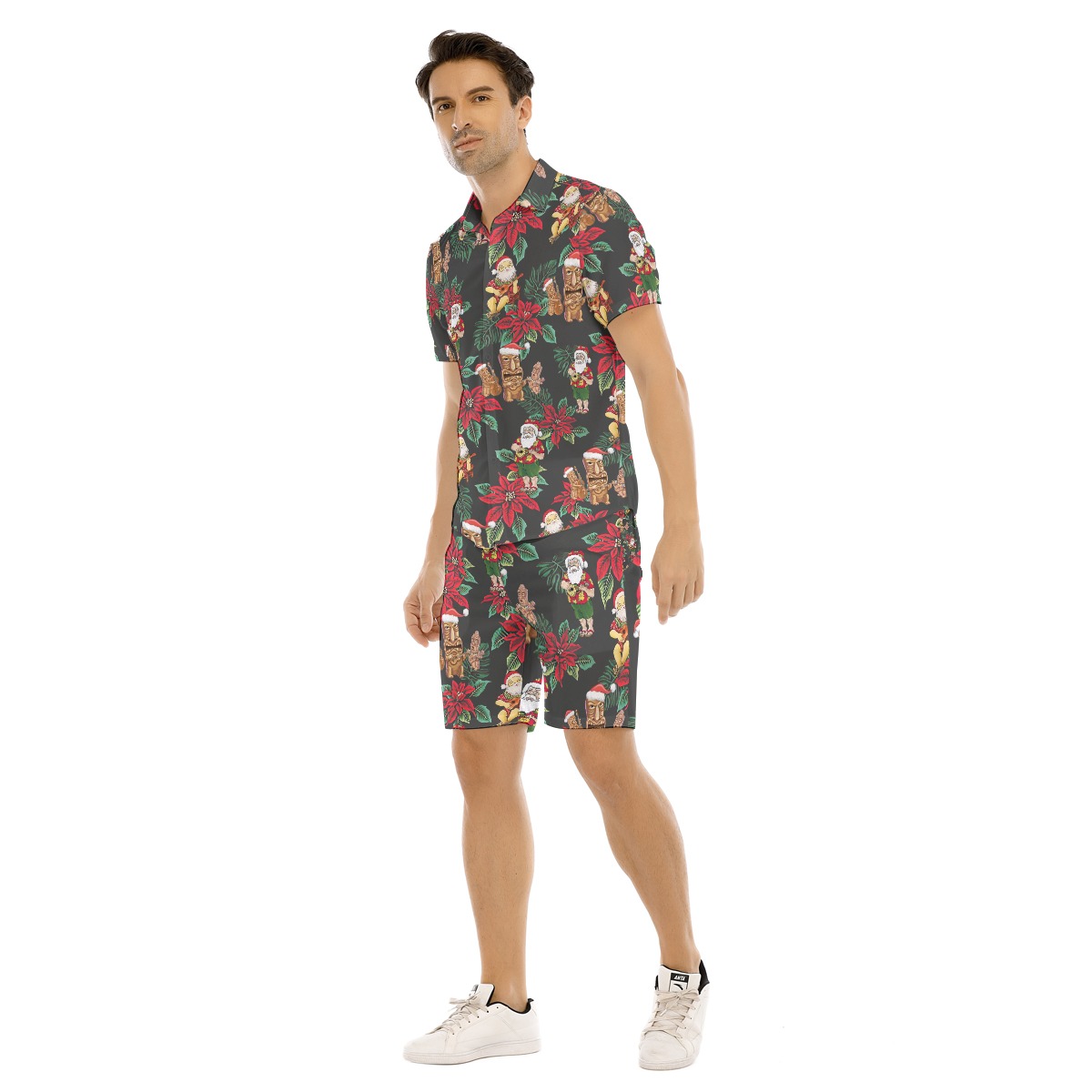 Santa And Tiki Poinsettia Flowers Christmas Hawaiian Shirt And Shorts For Men