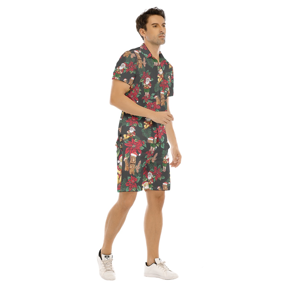 Santa And Tiki Poinsettia Flowers Christmas Hawaiian Shirt And Shorts For Men