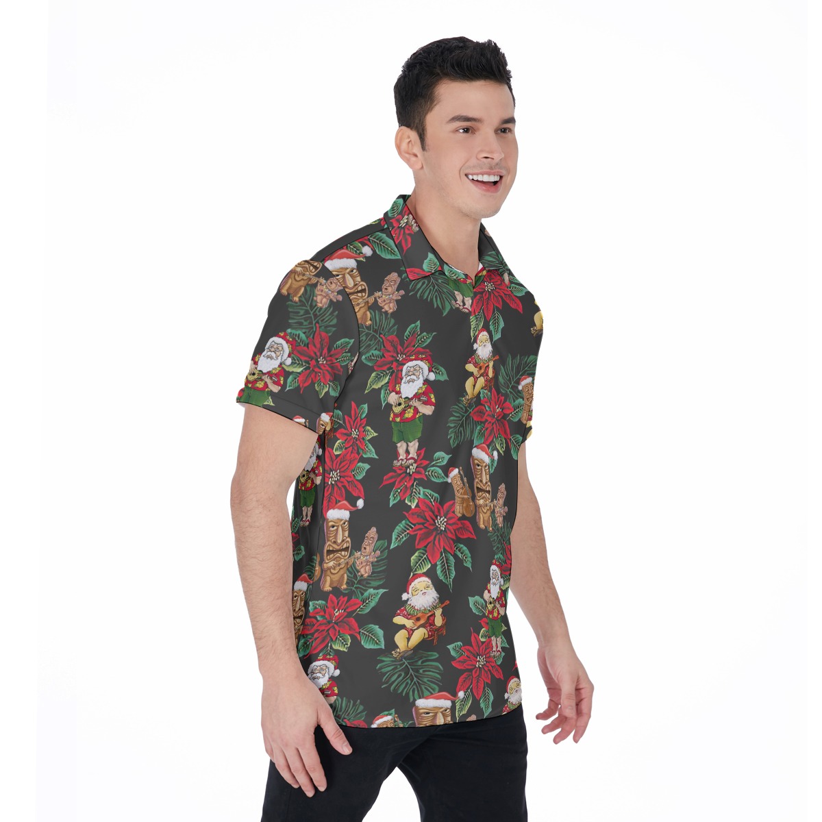 Santa Claus And Tiki Christmas Aloha Polo Shirt For Men