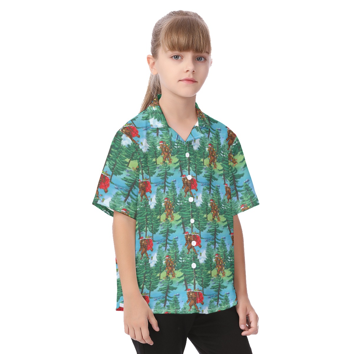 Bigfoot Christmas Hawaiian Button Up Shirt For Kids