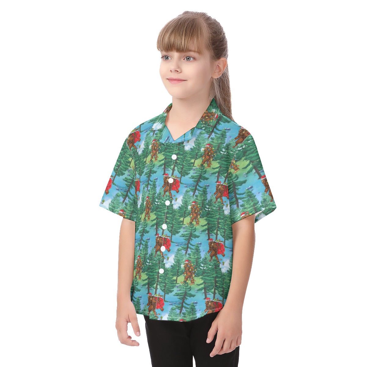 Bigfoot Christmas Hawaiian Button Up Shirt For Kids
