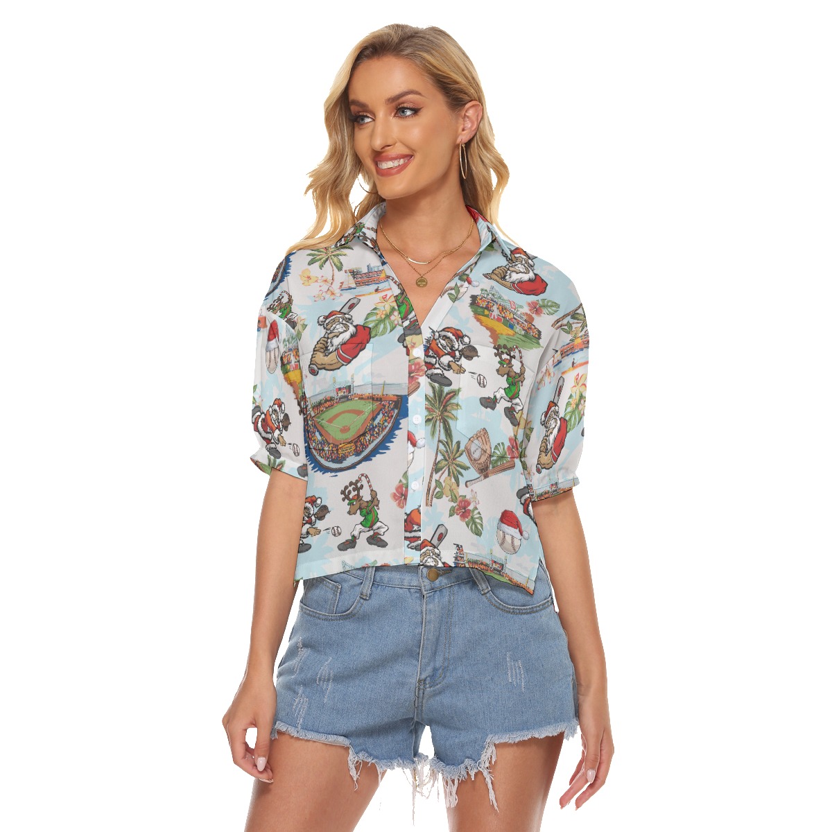 Funny Santa Baseball Christmas Aloha Crop Top Shirt For Women - variant image 1