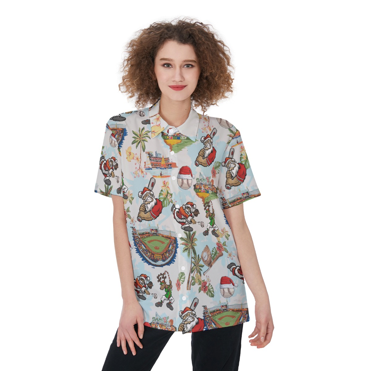 Christmas Santa Playing Baseball White Hawaiian Shirt For Women - variant image 1