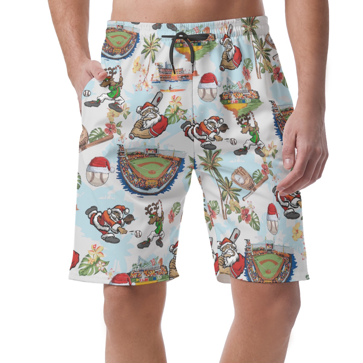 Christmas Santa Playing Baseball Hawaiian Beach Shorts For Men - variant image 1