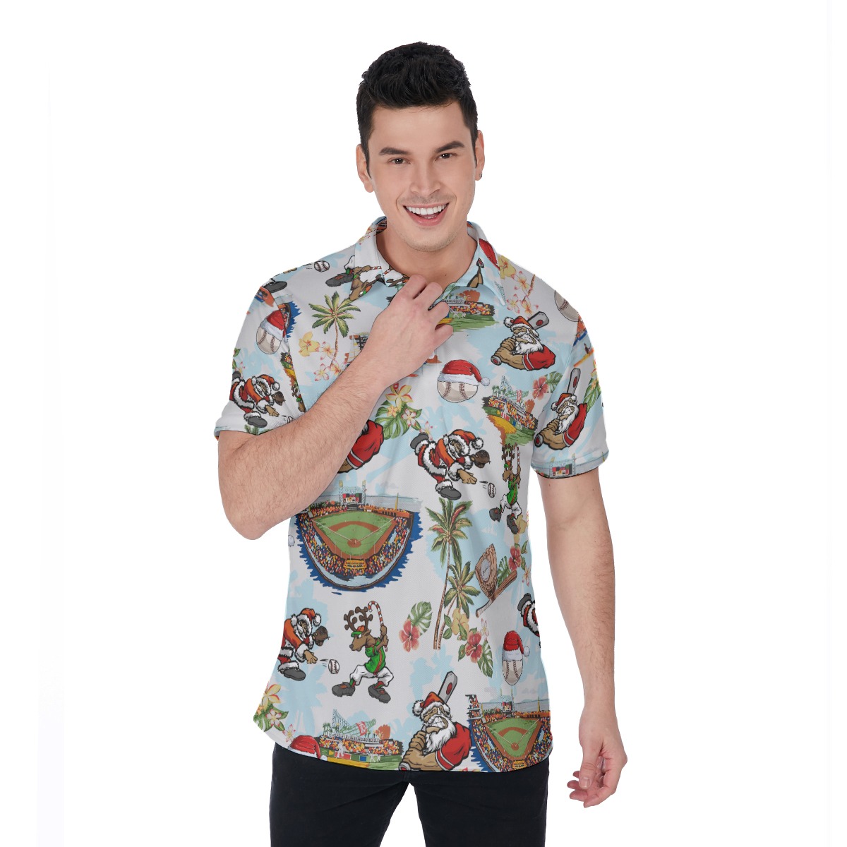 Santa Claus Playing Baseball Aloha Polo Shirt For Men - variant image 1