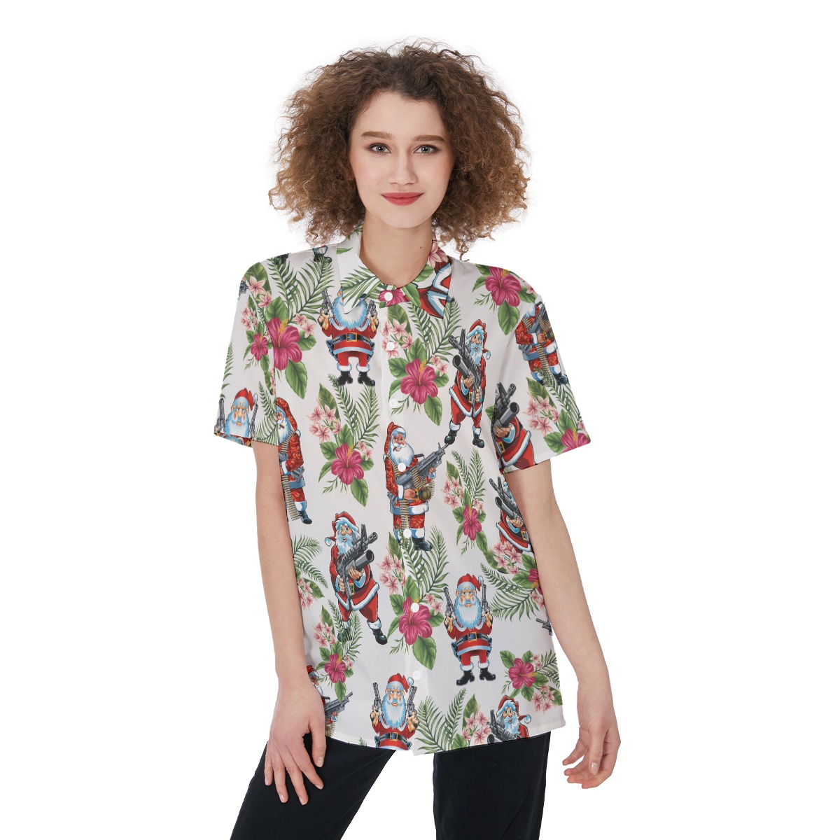 Funny Santa With Machine Gun Aloha Shirt For Women - variant image 1