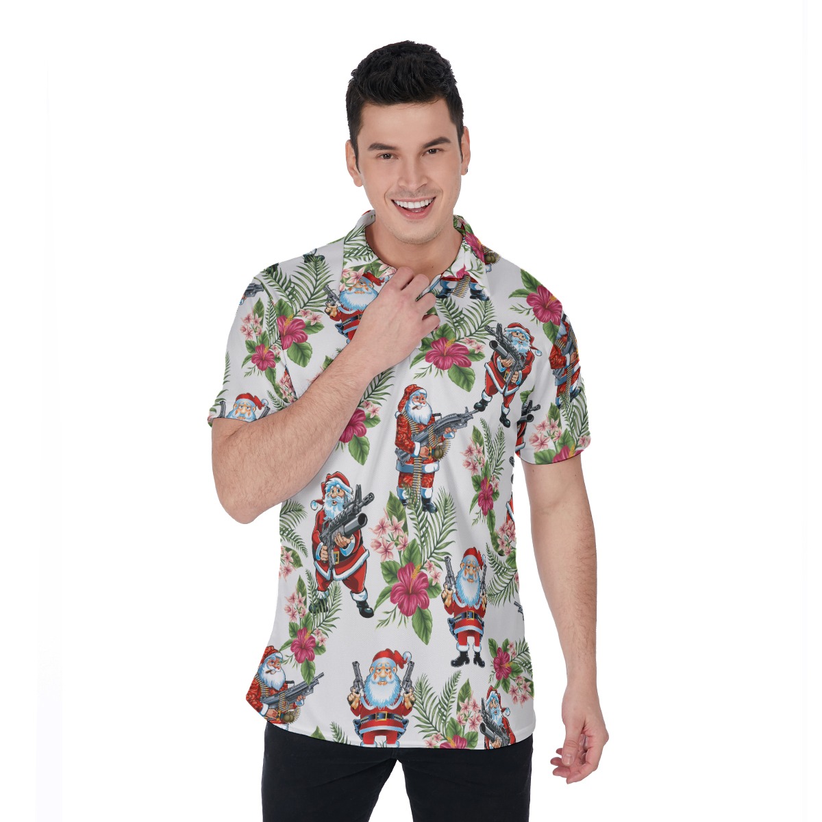 Funny Santa Claus With Gun Floral Hawaiian Polo Shirt - variant image 1
