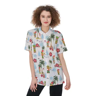 Tiki Christmas White Aloha Shirt For Women