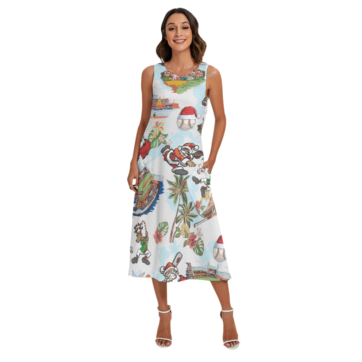 Cute Santa Claus Playing Baseball Aloha Long Dress With Pockets For Women