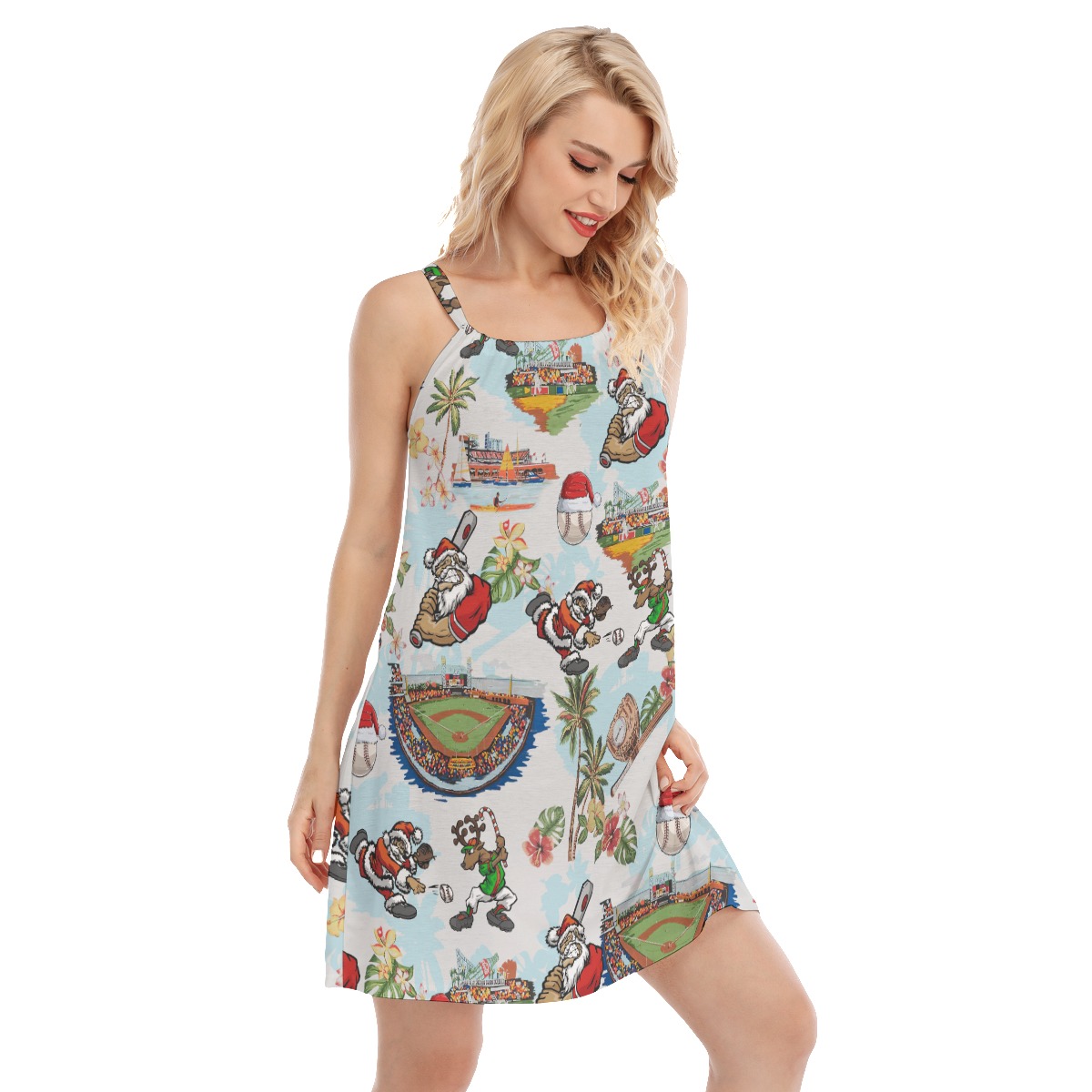 Cute Santa Playing Baseball Christmas Aloha Dress For Women