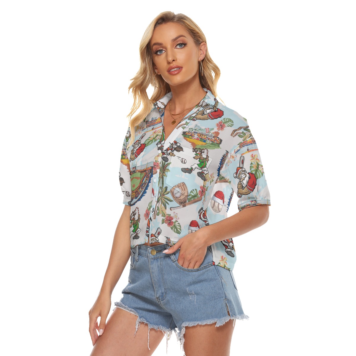 Funny Santa Baseball Christmas Aloha Crop Top Shirt For Women