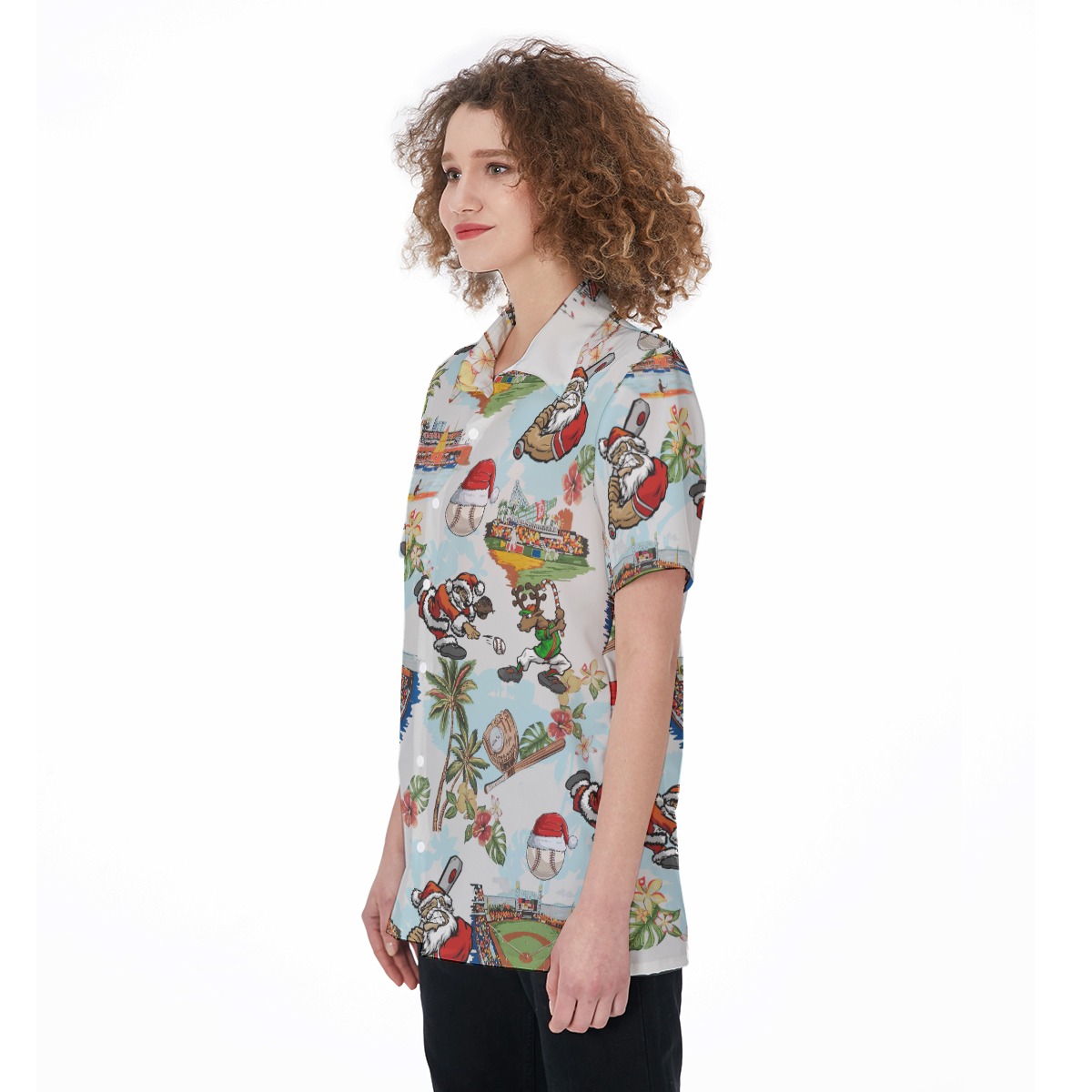 Christmas Santa Playing Baseball White Hawaiian Shirt For Women