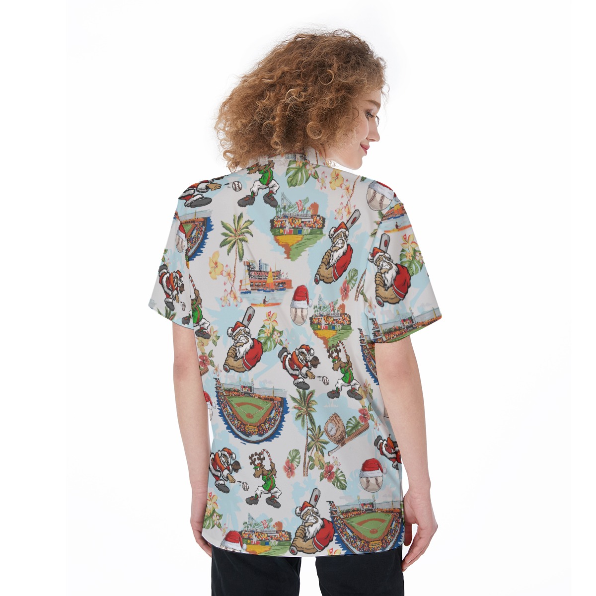 Christmas Santa Playing Baseball White Hawaiian Shirt For Women