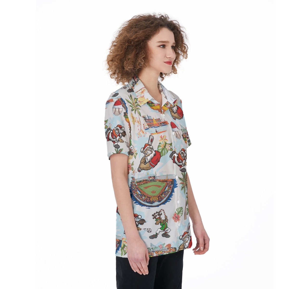 Christmas Santa Playing Baseball White Hawaiian Shirt For Women