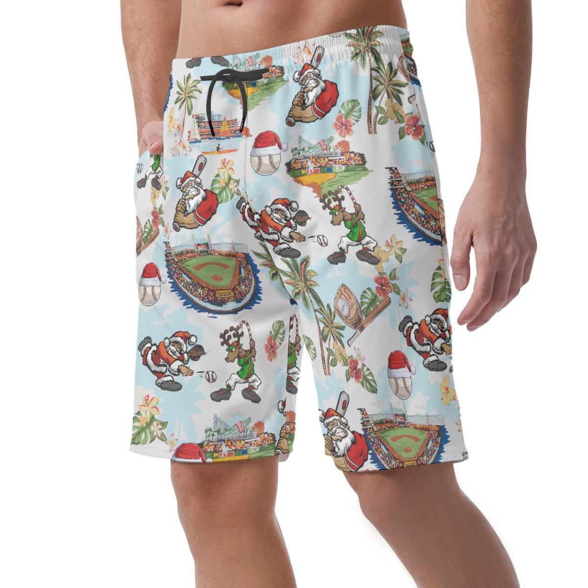 Christmas Santa Playing Baseball Hawaiian Beach Shorts For Men