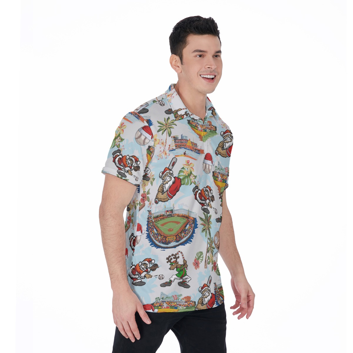Santa Claus Playing Baseball Aloha Polo Shirt For Men