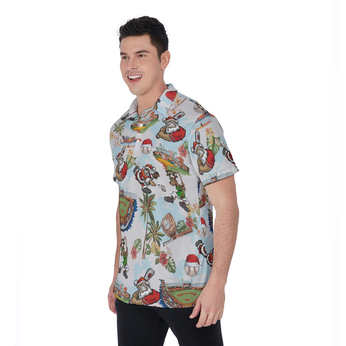 Santa Claus Playing Baseball Aloha Polo Shirt For Men