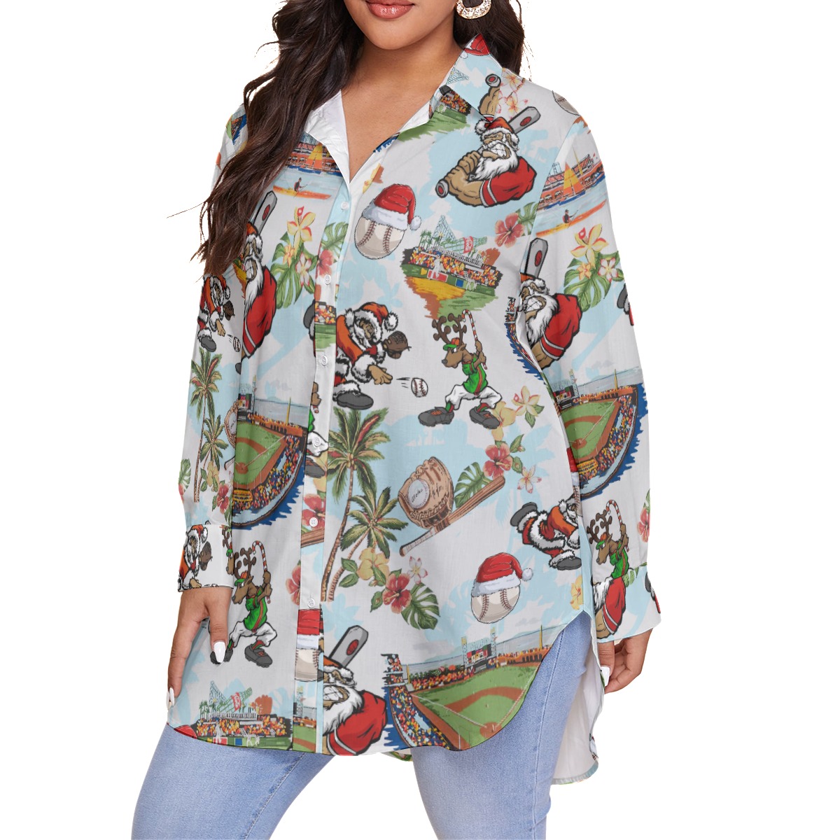Santa Playing Baseball Christmas Women's Plus Size Hawaiian Shirt