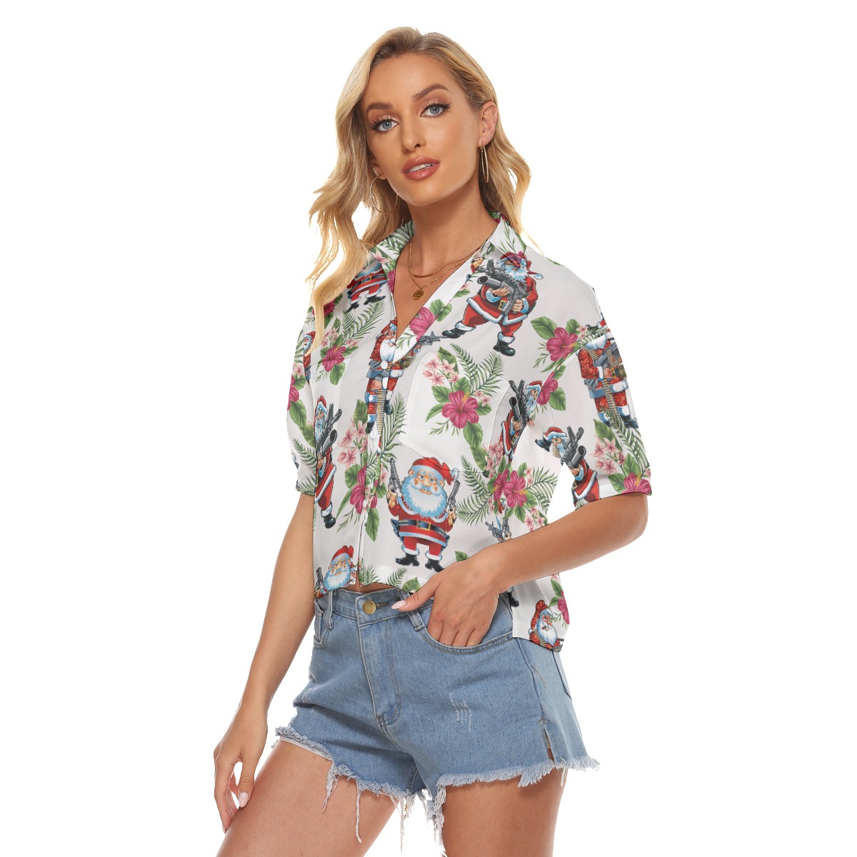 Funny Santa Claus With Machine Gun Aloha Crop Top Shirt For Women