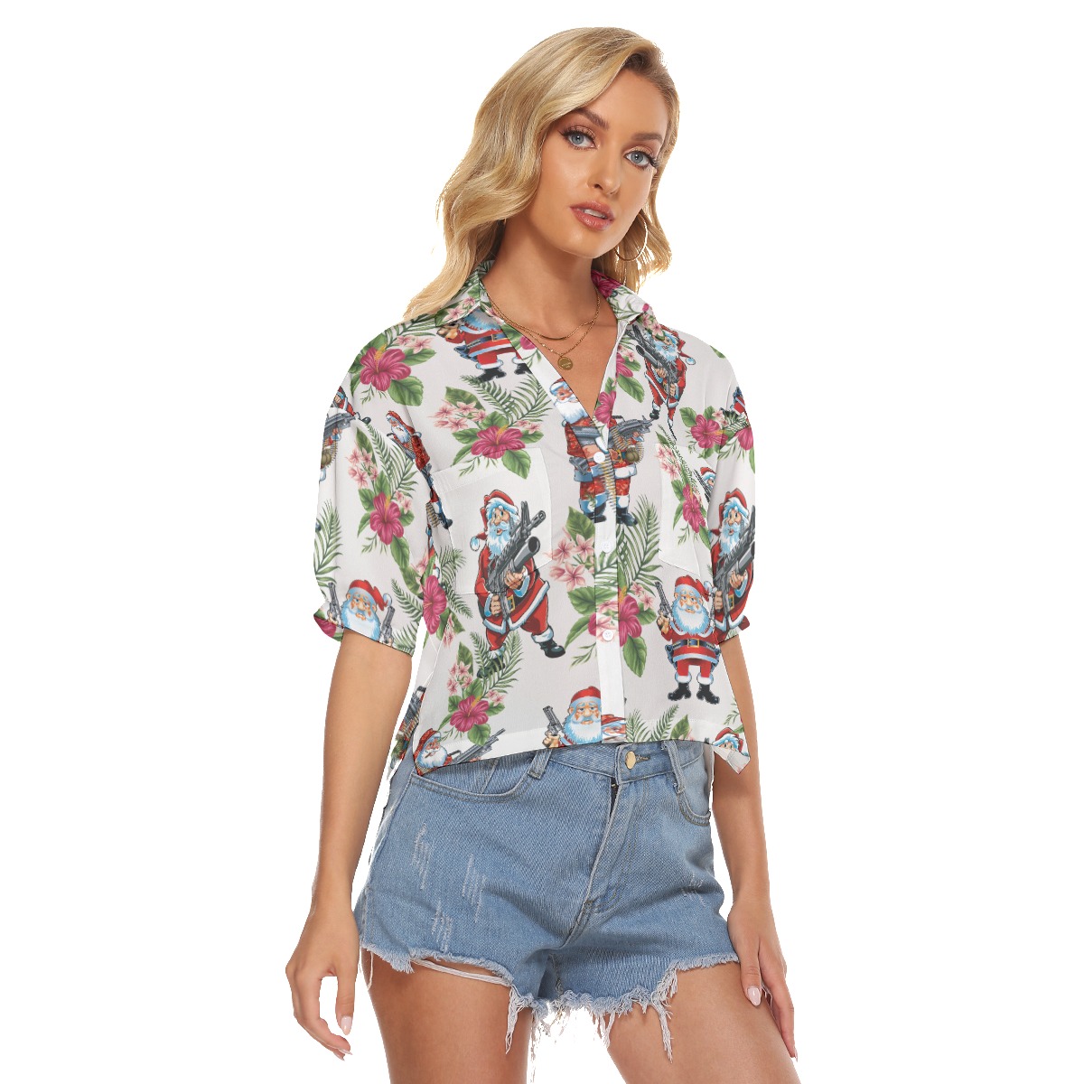 Funny Santa Claus With Machine Gun Aloha Crop Top Shirt For Women