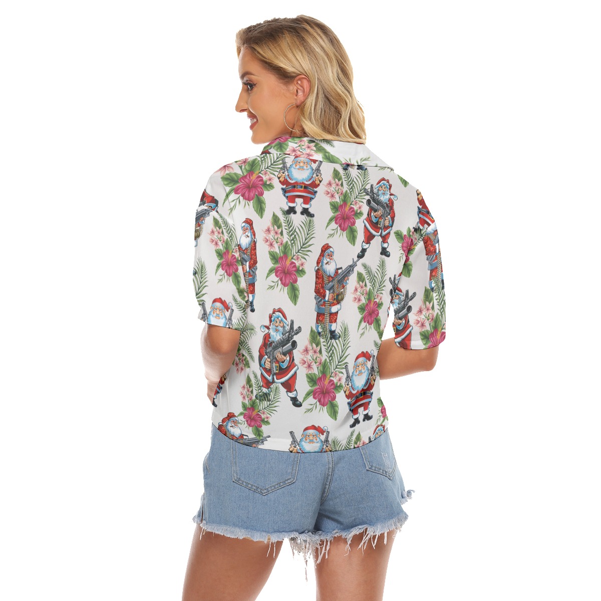 Funny Santa Claus With Machine Gun Aloha Crop Top Shirt For Women