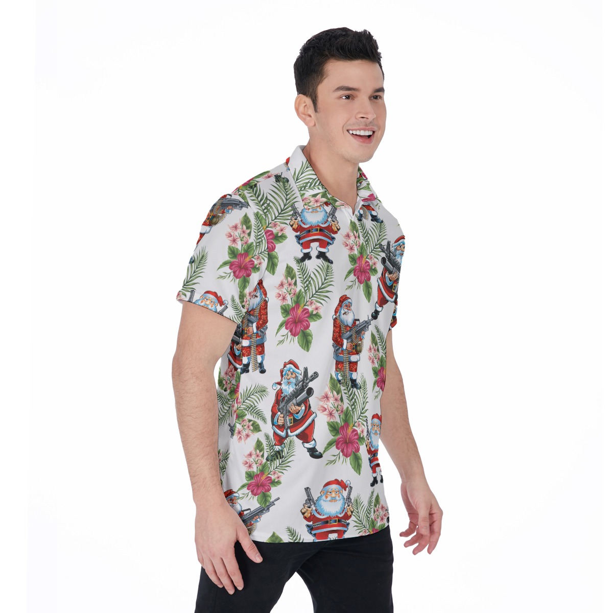 Funny Santa Claus With Gun Floral Hawaiian Polo Shirt