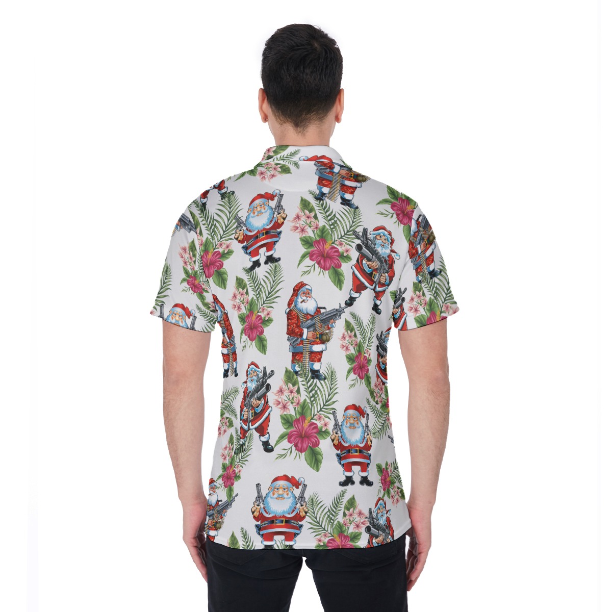 Funny Santa Claus With Gun Floral Hawaiian Polo Shirt