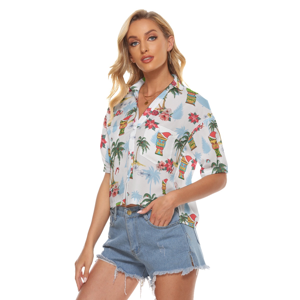 Christmas Tiki Hawaiian Crop Top Shirt For Women