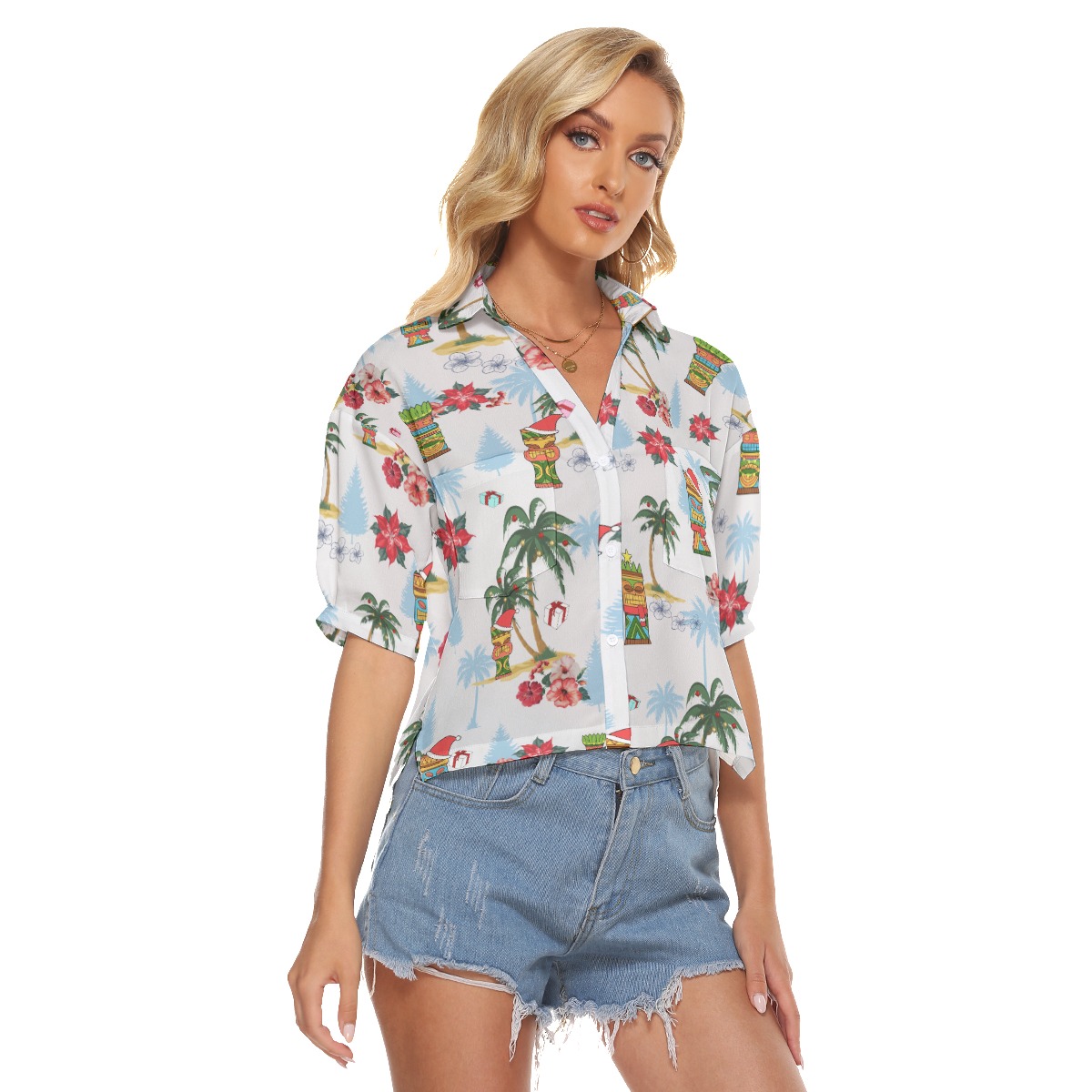 Christmas Tiki Hawaiian Crop Top Shirt For Women