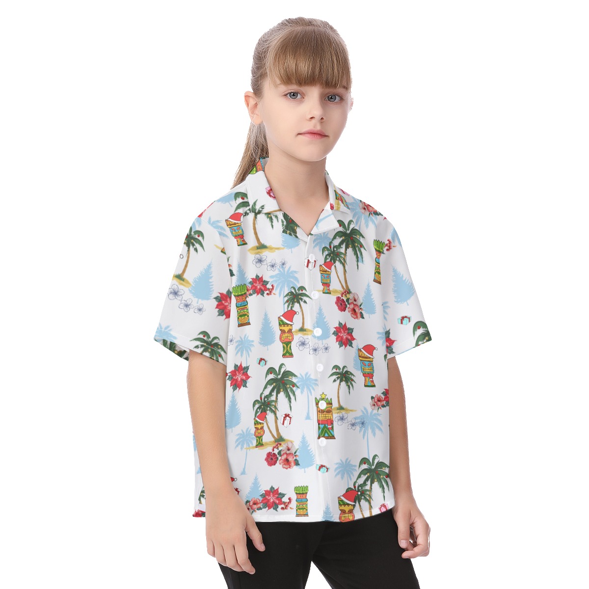 Christmas Tiki Hawaiian Button Up Shirt For Kids