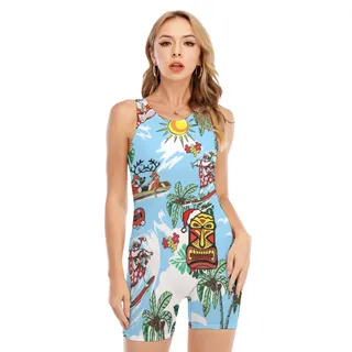 Reindeer And Santa Surfing Aloha Sleeveless Swimsuit For Women