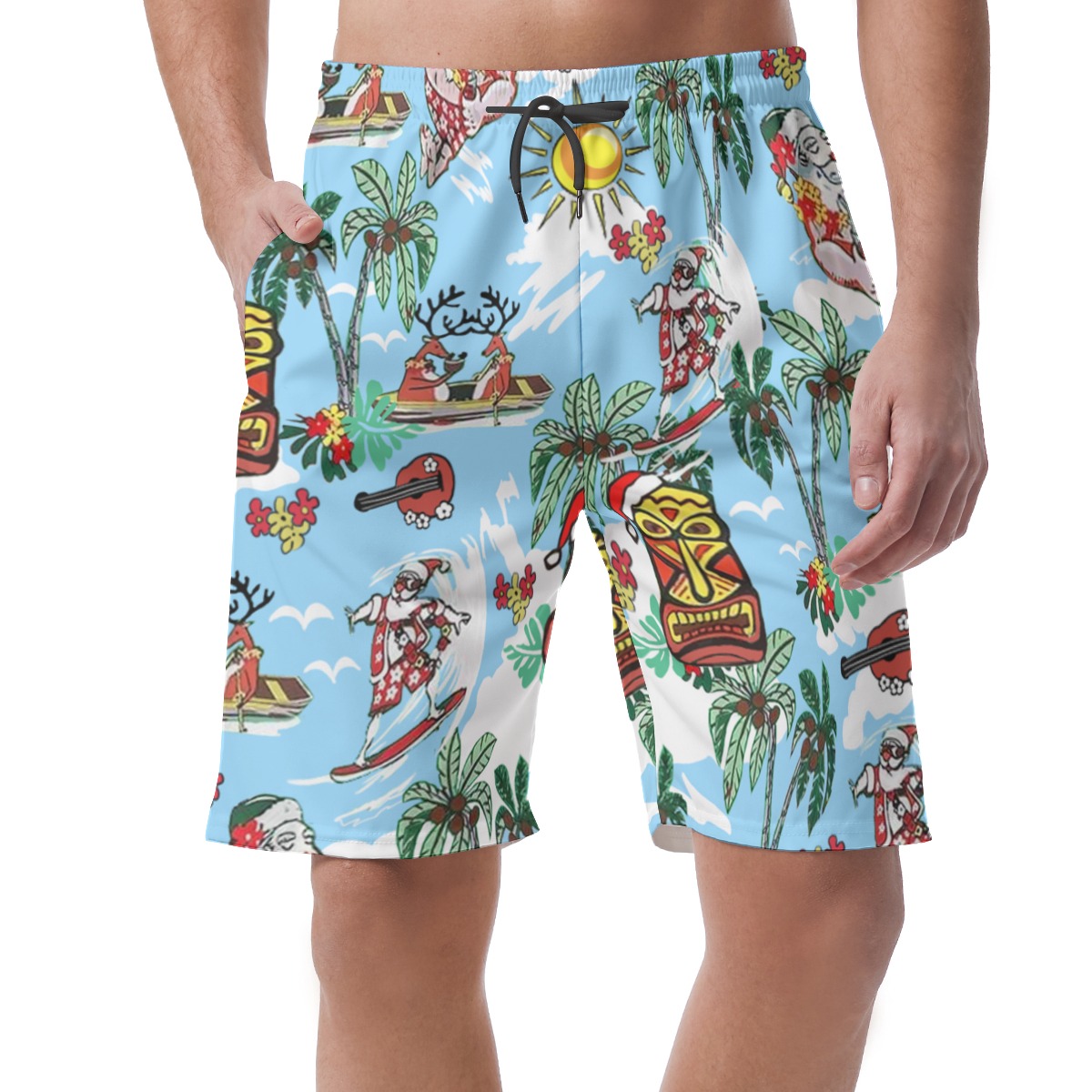 Reindeer And Santa Claus Tropical Blue Aloha Beach Shorts For Men - variant image 1