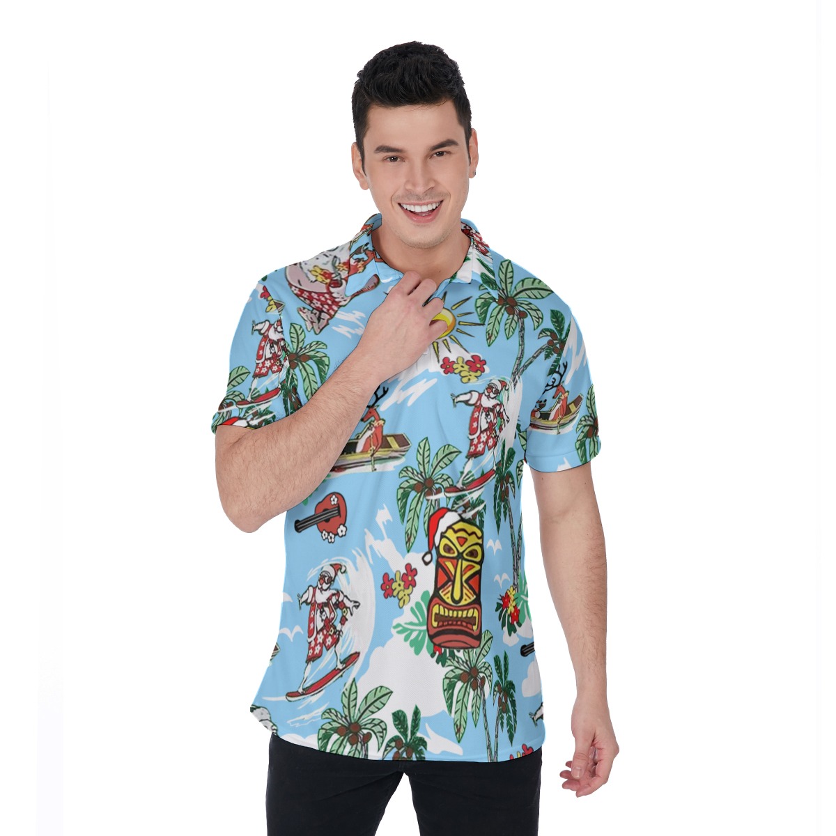 Reindeer And Santa Surfing Hawaiian Polo Shirt - variant image 1