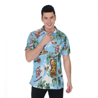 Reindeer And Santa Surfing Hawaiian Polo Shirt