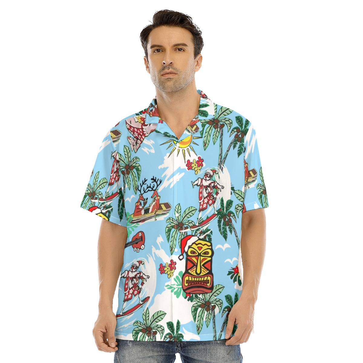 Tropical Reindeer And Santa Christmas Hawaiian Shirt - variant image 1