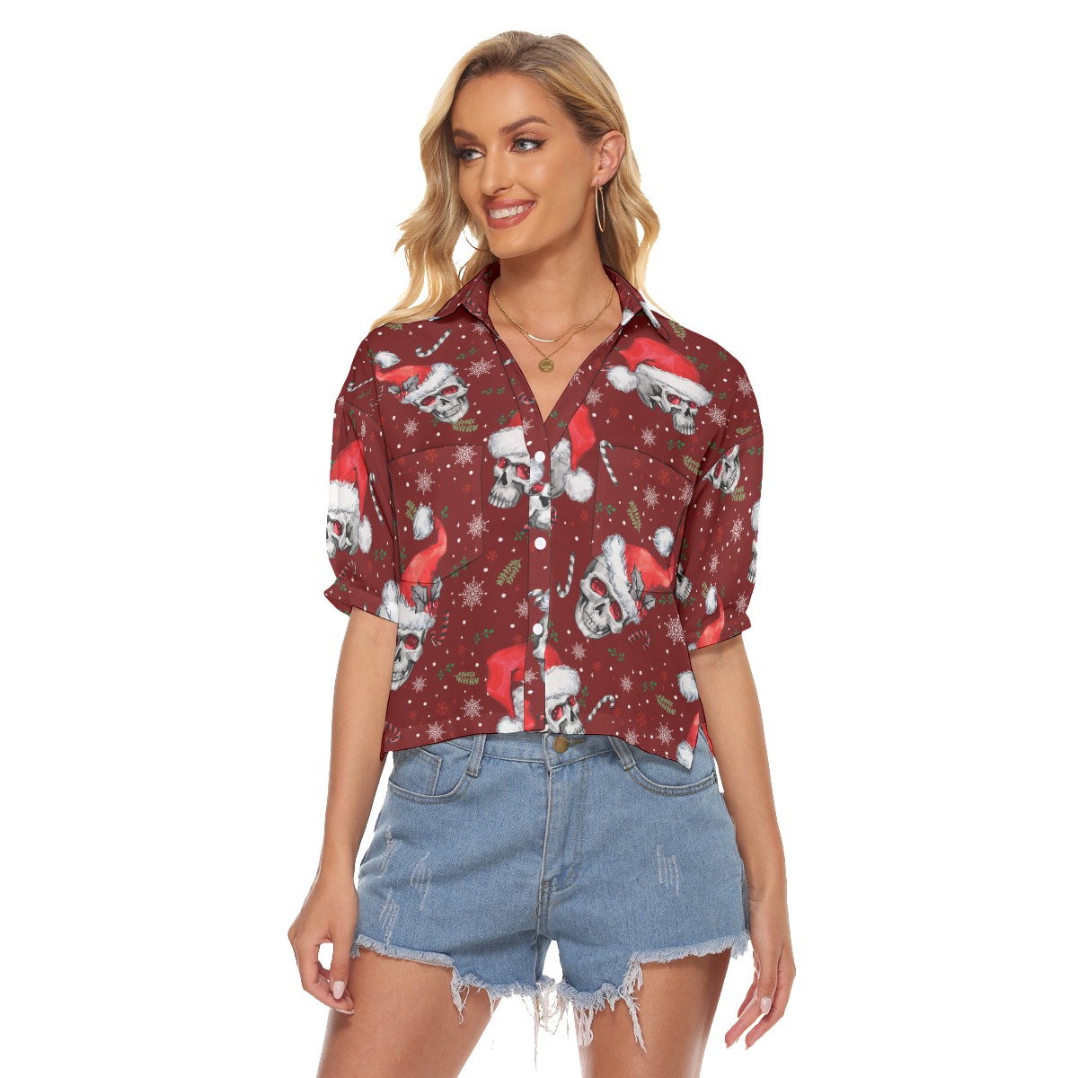 Christmas Skull Aloha V-Neck Shirt For Women - variant image 1