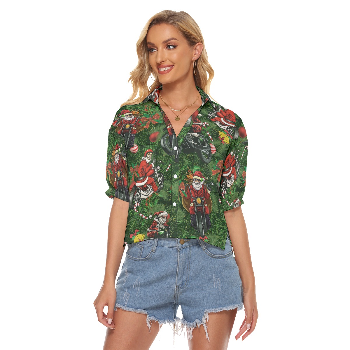 Amazing Santa Biker Hawaiian Crop Top Shirt For Women - variant image 1