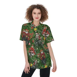 Funny Santa Claus Riding Motorcycle Aloha Button Up Shirt For Women