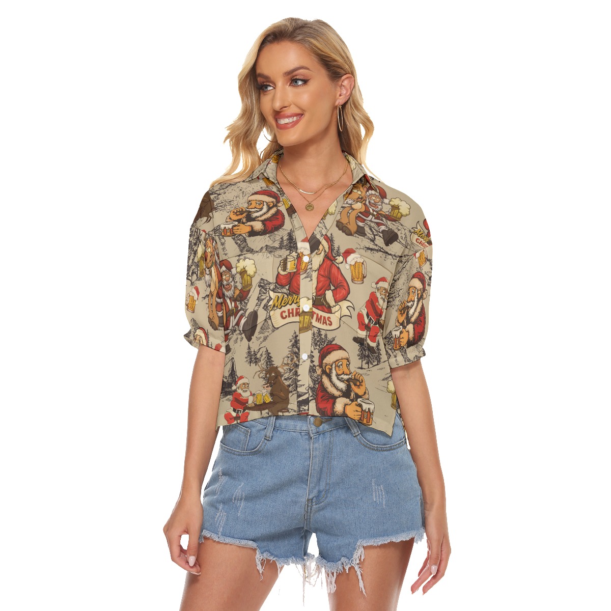Christmas Santa Claus Beer Hawaiian Crop Top Shirt For Women - variant image 1