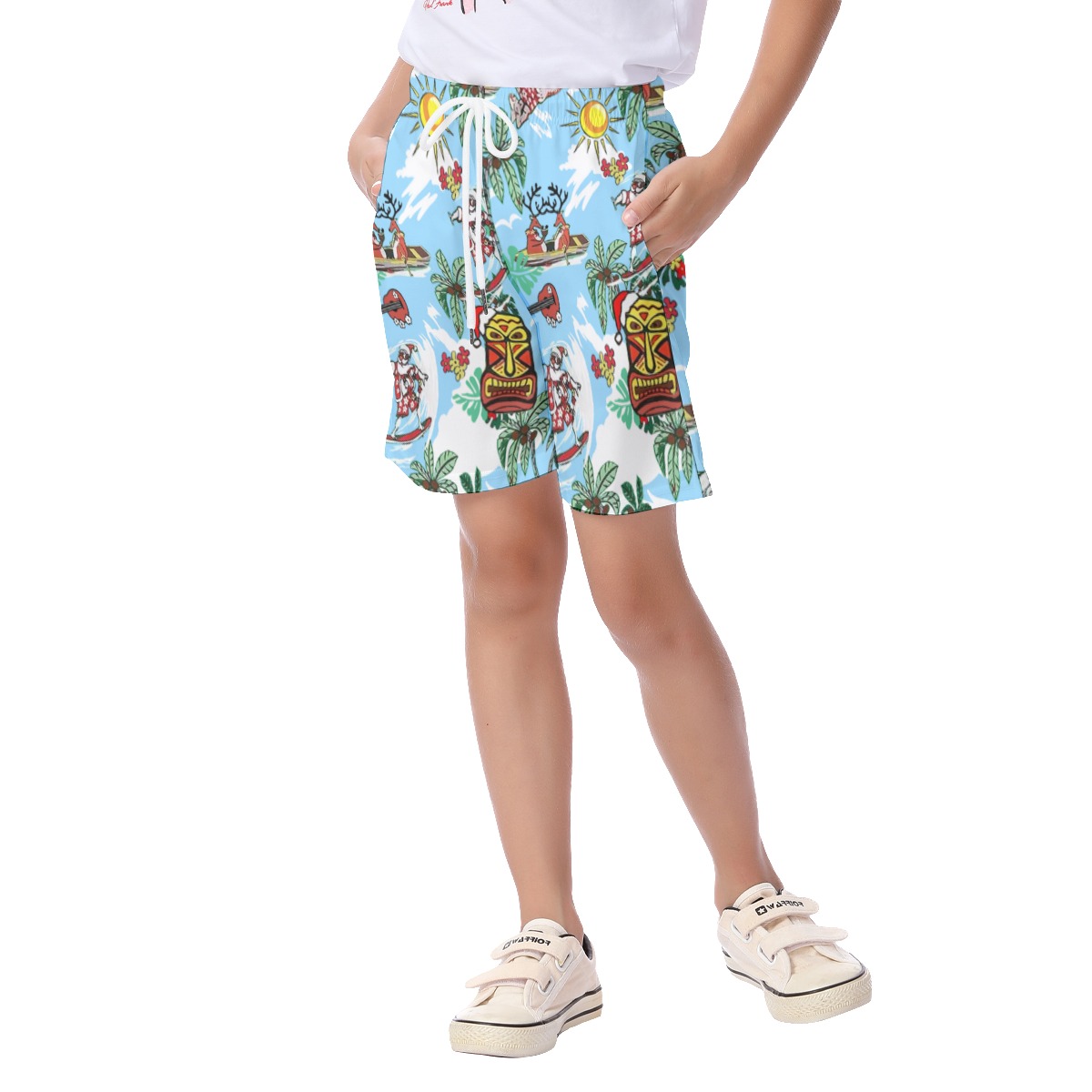 Cute Santa Surfing And Tiki Christmas Hawaiian Beach Shorts For Kids