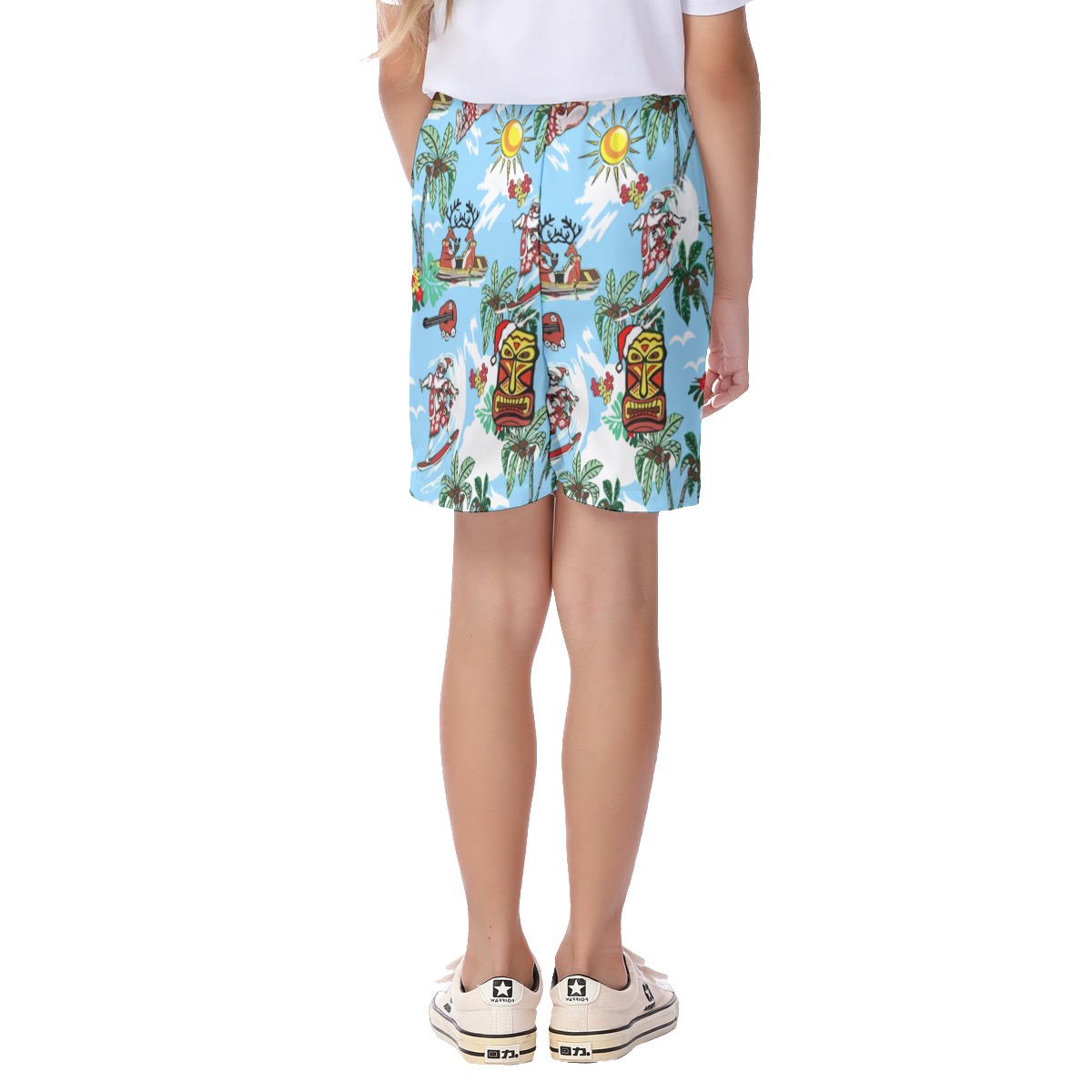 Cute Santa Surfing And Tiki Christmas Hawaiian Beach Shorts For Kids