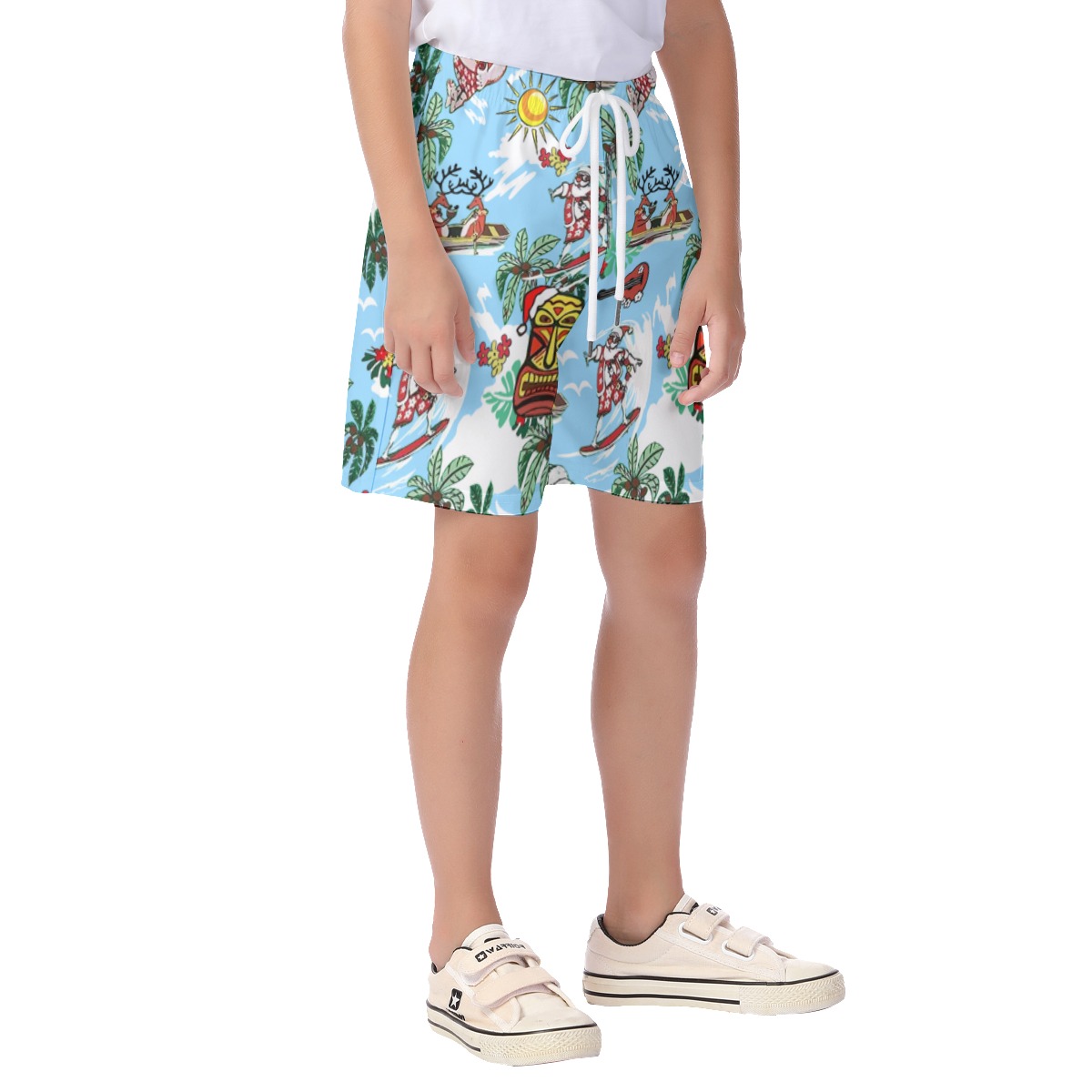 Cute Santa Surfing And Tiki Christmas Hawaiian Beach Shorts For Kids