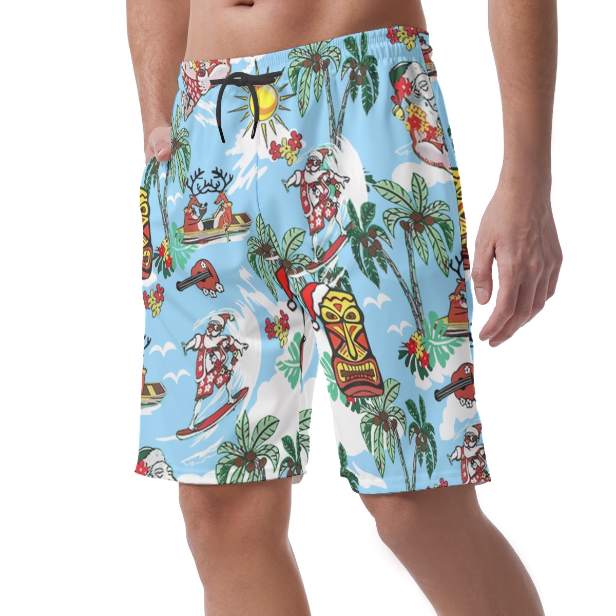 Reindeer And Santa Claus Tropical Blue Aloha Beach Shorts For Men